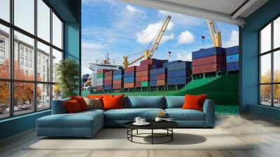 container vessel in tropical harbor Wall mural