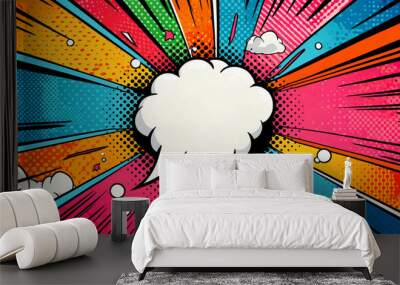 A blank white speech bubble on a colorful bright vibrant bursting retro comic book style background Wall mural