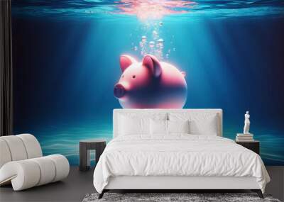 A captivating scene of a pink piggy bank gracefully submerged in crystal-clear water, conveying being deep in money trouble debt wallpaper background Wall mural