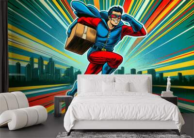 A dynamic retro comic book style illustration showcasing a super fast delivery man, enhanced with even more exaggerated speed effects wallpaper background Wall mural