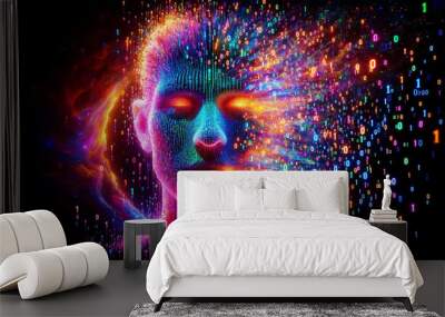 A face is seamlessly transforming into digital binary code, 1s and 0s, rendered in a spectrum of bright colors Wall mural