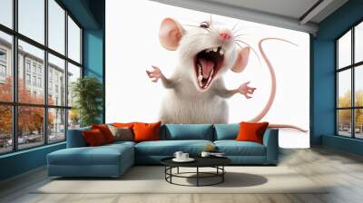 A goofy singing yelling white lab rat mouse on a white background Wall mural