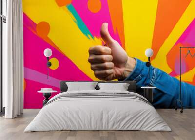 A hand in denim sleeve giving an excited approving thumbs up on a bright neon colored back splash Wall mural