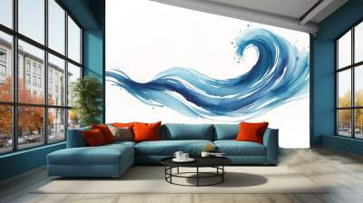 A horizontal ocean sea wave rendered in watercolor blues, crossing a clean white background wallpaper Wall mural