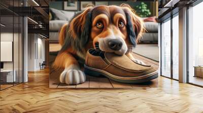 A puppy dog chewing on a man's slipper in a house living room wallpaper background Wall mural