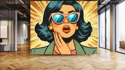 A surprised woman in awe with hand to face comic book style retro art. Wall mural