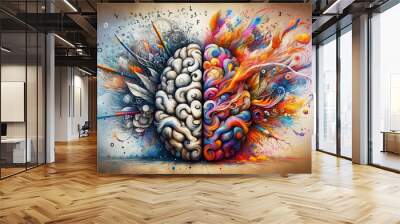 Abstract concept image of a creative brain divided into two distinct halves for logic and creativity wallpaper background Wall mural