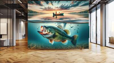 Beautiful fishing scene on a peaceful lake. The clear water reveals a magnificent bass fish just below the surface wallpaper background Wall mural