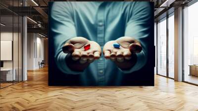 Pair of hands holding out a red and blue pill represents choice and decision wallpaper background Wall mural