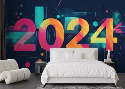 The number year 2024 in retro 80s 90s bright color art effect banner Wall mural