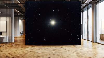 Vast and dark expanse of outer space, dotted with countless distant stars that twinkle against the inky blackness with one bright star Wall mural