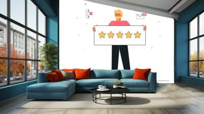 A man holds a sign with five stars. The concept of customer feedback, feedback, and evaluation. Flat vector illustration isolated on white background. Wall mural