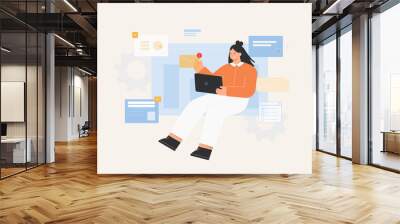 Business concept illustrations. Young woman sitting on an infographic block and opens, reading an email. Flat style vector illustration. Wall mural