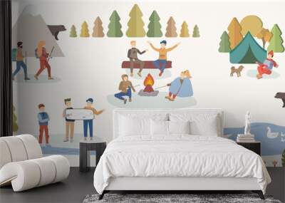 Tourists people or a tourist camp breaks up a tent, take pictures, look at the map, roast marshmallow, play the guitar for a dog. People travel and hiking. Cartoon flat vector illustration. Wall mural