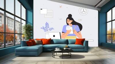 Woman using laptop and writes a lecture in a notebook. Education online training courses, self education, e-learning, distance studying, webinar, coaching concept. Flat style vector illustration. Wall mural