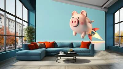 3D piggy bank flying with a rocket engine, concept: savings growth, light blue background, copy and text space, 16:9 Wall mural