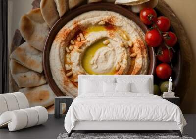 A delicious hummus platter with pita bread, olives, and cherry tomatoes, garnished with pine nuts and paprika. Wall mural