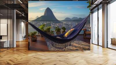 A room with a hammock on the balcony, providing a splendid view of copacabana beach and sugarloaf mountain, high quality, travel concept, 16:9 Wall mural