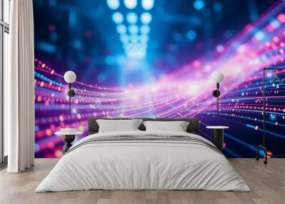 Abstract digital lines of code flow through a dark background in a vibrant display of modern technology. Wall mural