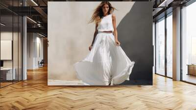 attractive woman, white maxi linen dress, concept: summer fashion Wall mural