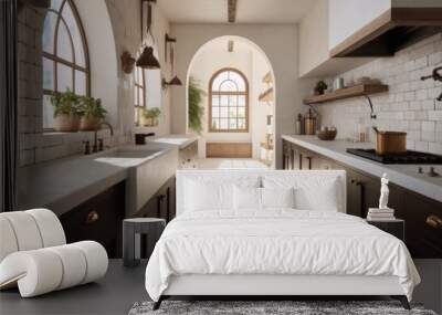 Beautiful organic Spanish modern revival kitchen interior with arched walkways sustainable furniture slow living made with Generative Ai Wall mural