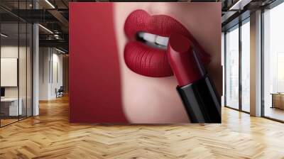 closeup of red lipstick with woman's lips for beauty and cosmetic concept, 16:9 Wall mural