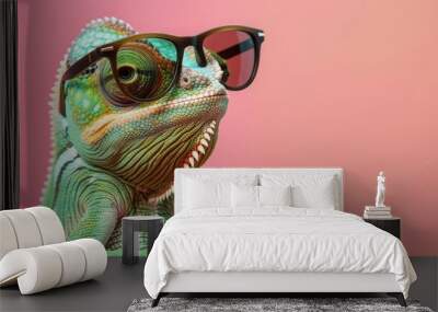 Cool chameleon wearing sunglasses on a solid color background, copy and text space, 16:9 Wall mural