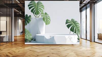 Cosmetic Display on White Stone Podium with Nature and Water Reflection - 3D Render Wall mural