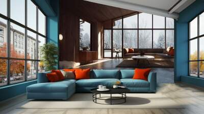 Cozy warm mid century modern cabin living room interior with floor to ceiling windows winter views at dawn Made with Generative Ai Wall mural