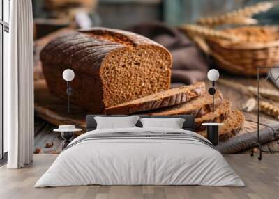 cut malt bread handmade on wooden background, 16:9 Wall mural