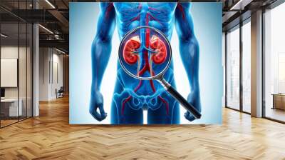 Detailed 3D illustration of the human urinary system with magnified view of kidneys showing anatomical features and internal organs Wall mural