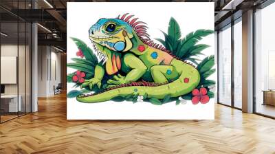 Drawing of a colorful iguana looking like a gentle dragon for a children's book illustration, on a white background. Transparent image png Wall mural