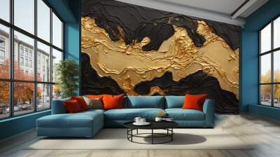 elegant gold and black abstract painting, in the style of textured impasto landscapes, high detailed, 16:9 Wall mural