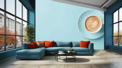 flat lay cup of coffee, light blue background, text and copy space, 16:9 Wall mural