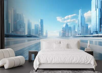 futuristic city, empty street, photo from ground level, copy space, 16:9 Wall mural