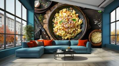 german bavarian cheese spaetzle with roasted onions, food photography, 16:9 Wall mural