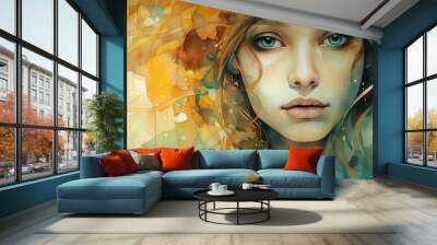 gold, jewel tones, soft layers, background, watercolor, woman, face, 16:9 Wall mural