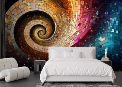 golden spiral, glitch art effect, gold, green, blue colours, 16:9 Wall mural