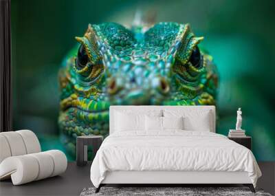 green jungle blurry background, head of a green lizard, 16:9 Wall mural