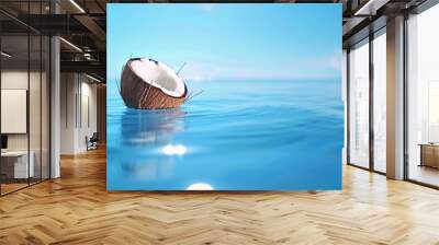 Half a coconut floats in crystal blue water, blue cloudless sky background for product presentation with beautiful lights and shadows, 16:9 Wall mural