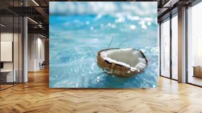 Half a coconut floats in crystal blue water, blue cloudless sky background for product presentation with beautiful lights and shadows, 16:9 Wall mural