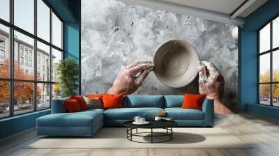 hands making ceramic pottery, light grey background, copy and text space, 16:9 Wall mural