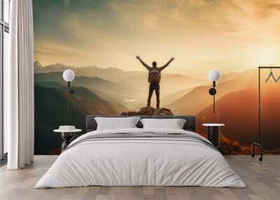 Happy man, arms up, on the top of the mountain, copy space, 16:9 Wall mural