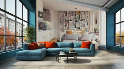 modern small apartment with kitchen and sofa - 3d rendering Wall mural