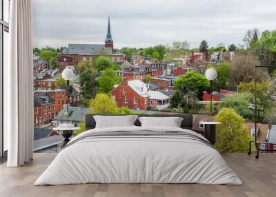 Aerial of historic downtown Lancaster, Pennsylvania with blooming trees Wall mural