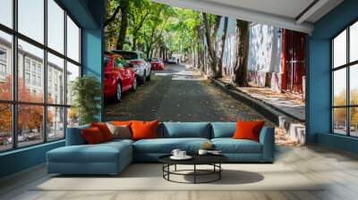 Hispanic houses and row of trees in street from Mexico City Wall mural