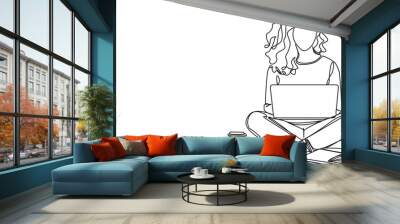 continuous single line drawing of female college student using laptop computer on her lap, line art vector illustration Wall mural