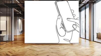 continuous single line drawing of hands holding smartphone, line art vector illustration Wall mural