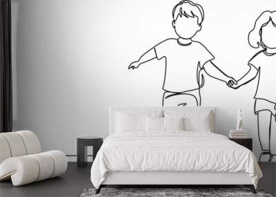 continuous single line drawing of toddler girl and boy running hand in hand, line art vector illustration Wall mural