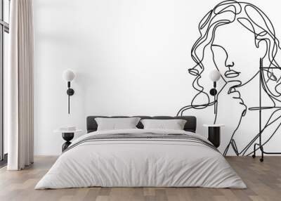 continuous single line drawing of woman in skeptical post, hand on chin, line art vector illustration Wall mural